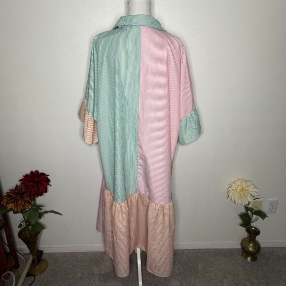 SimpleePlus Multicolor Striped Colorblock 1/2 Sleeve Button Down Shirt Dress 4XL - Picture 3 of 7